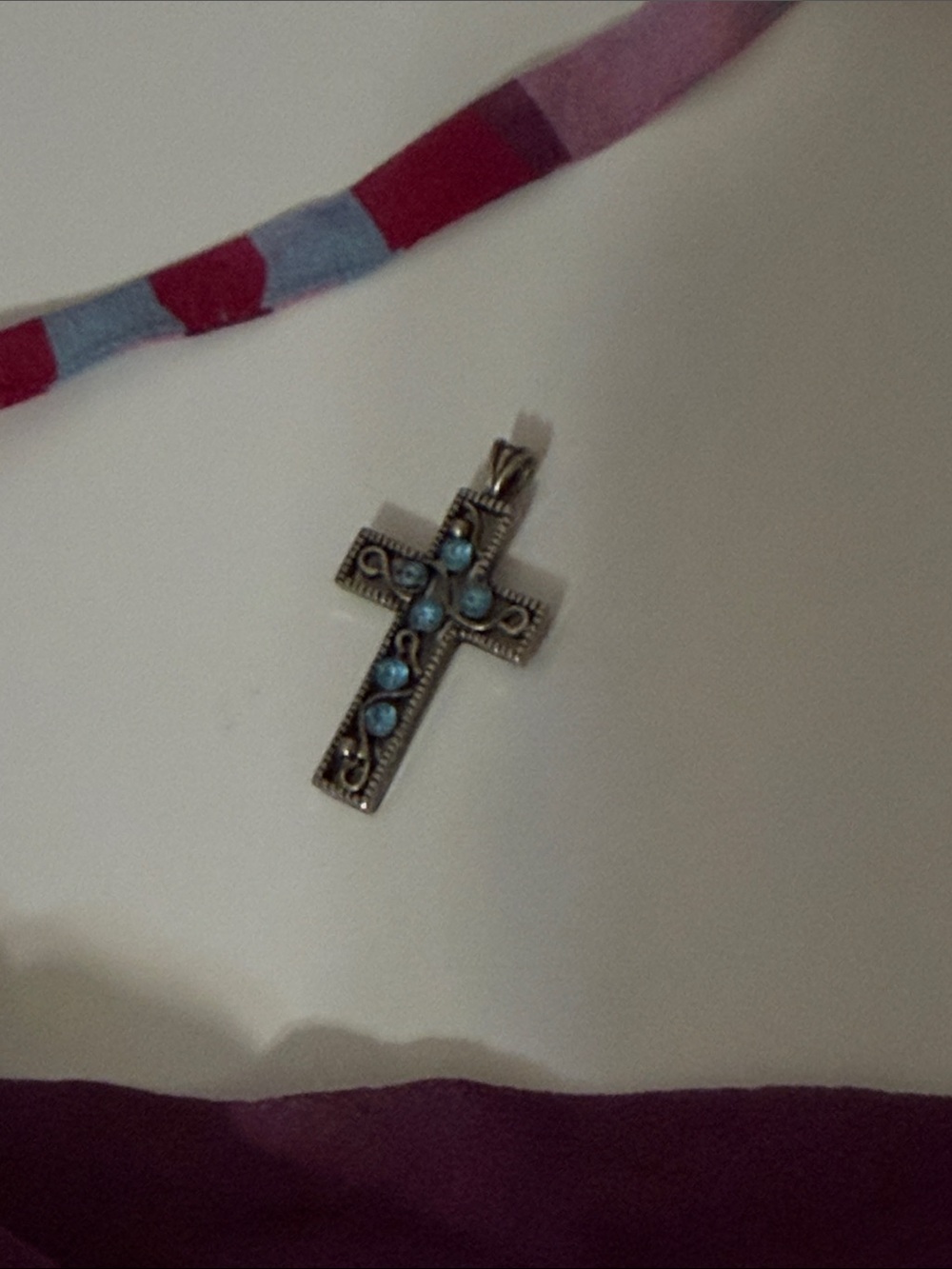 Silver Cross Pendant Necklace with Blue Accents